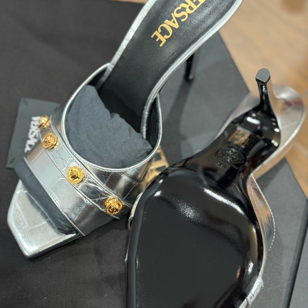 Versace Silver Metallic Leather High Heel Mules with Gold Medallions - Picture 5 of 13